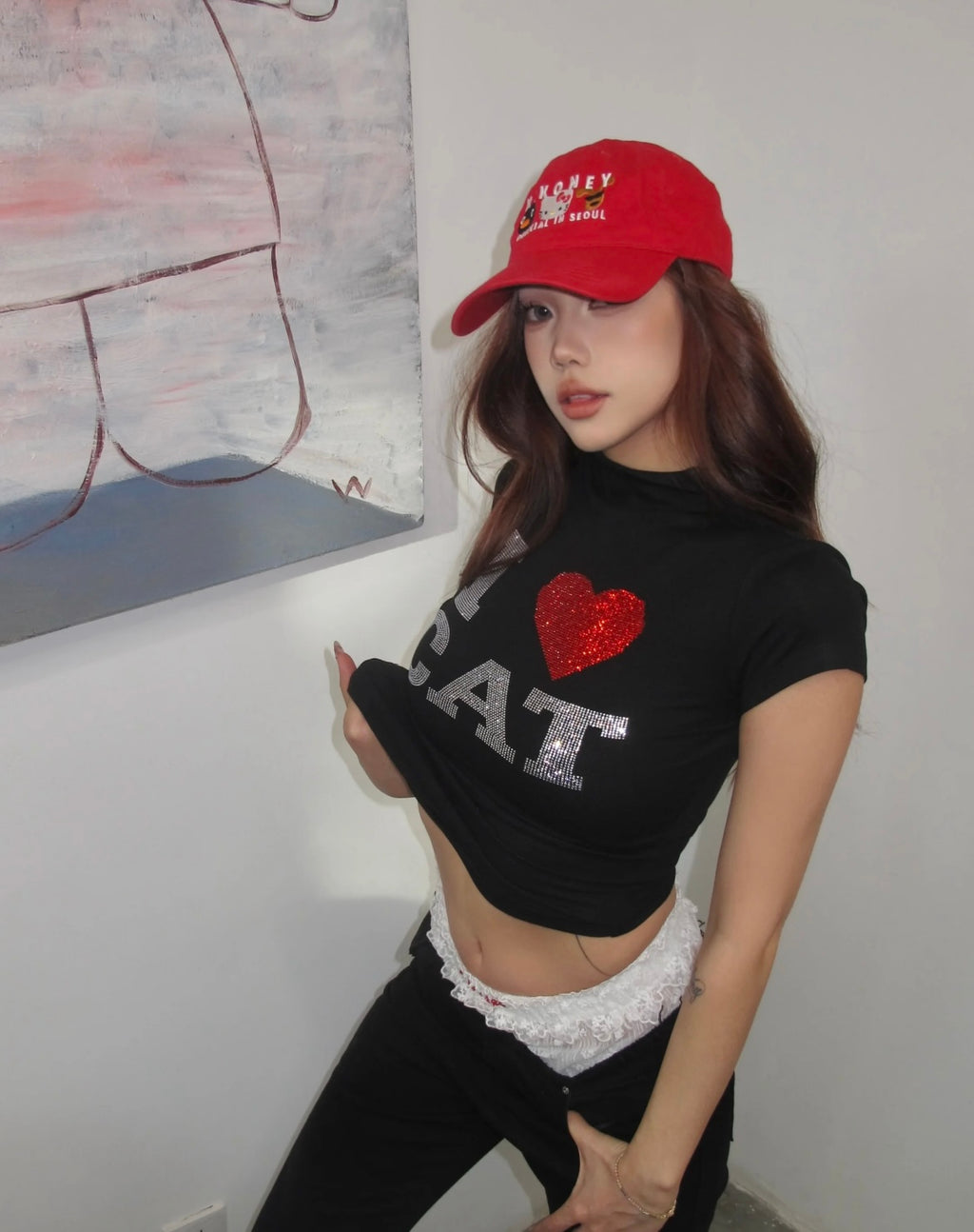 “I ♥ CAT” RHINESTONE FITTED T-SHIRT – 3colors