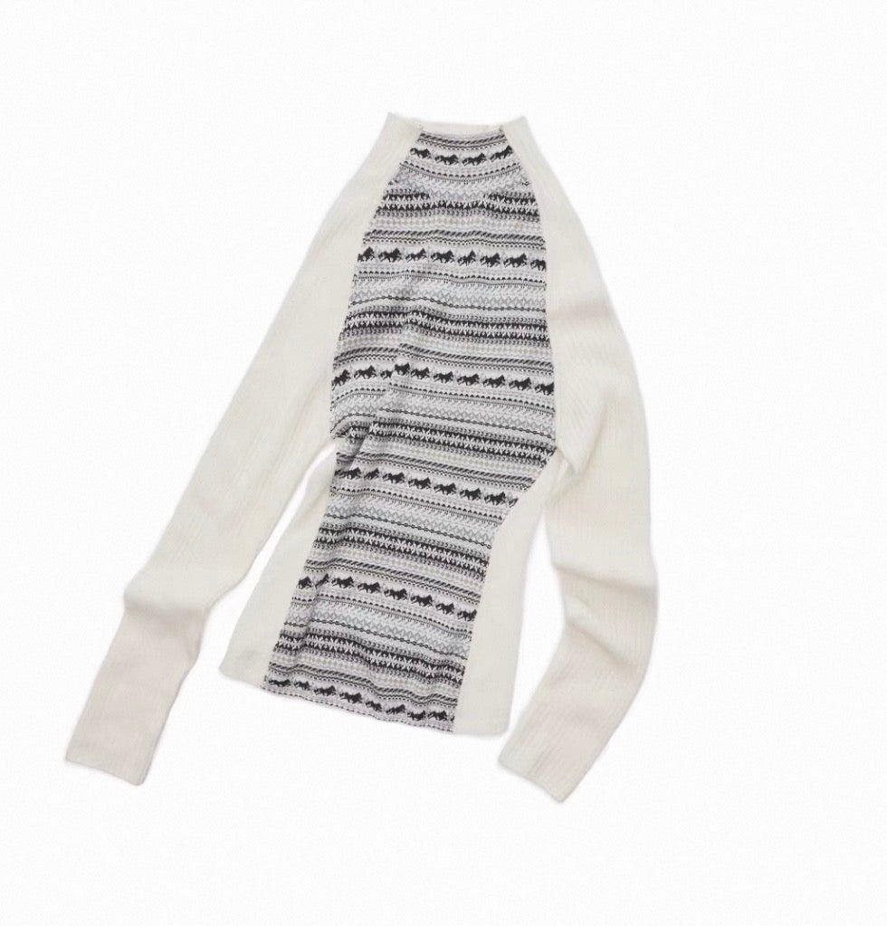 FAIR ISLE CONTRAST-PANEL HIGH-NECK KNIT TOP – 3colors