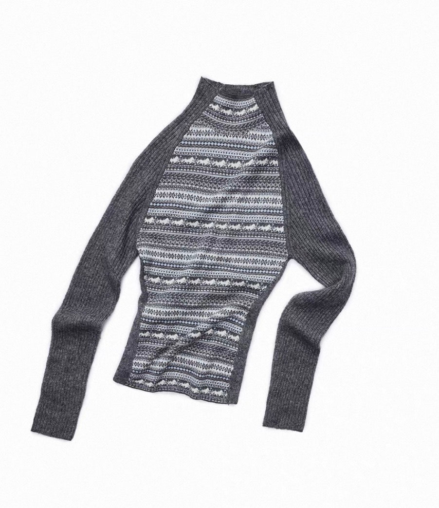 FAIR ISLE CONTRAST-PANEL HIGH-NECK KNIT TOP – 3colors