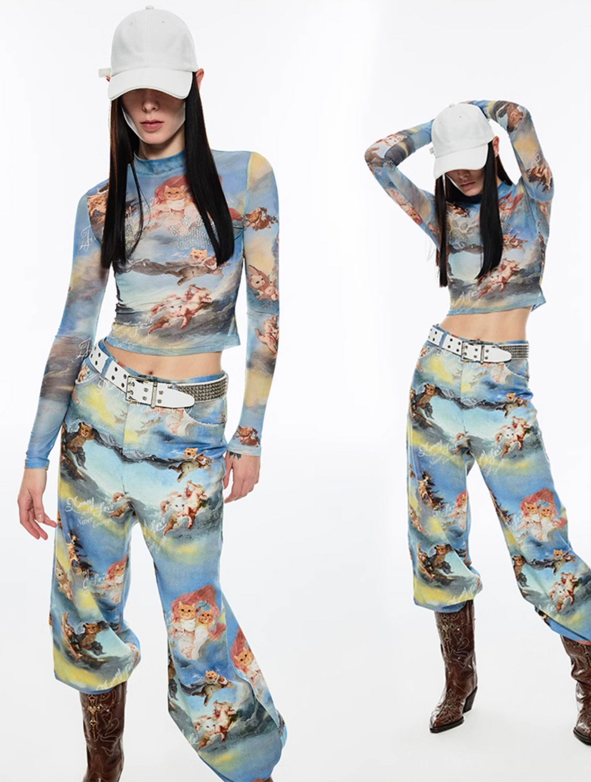 ANGEL KITTEN PRINTED MESH CROP TOP & PANTS