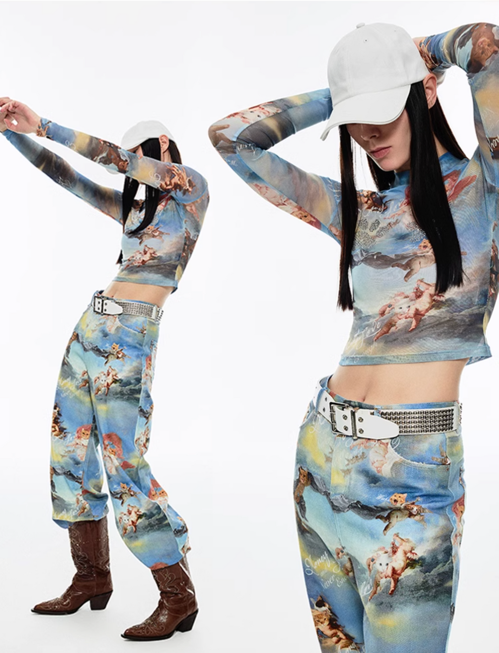 ANGEL KITTEN PRINTED MESH CROP TOP & PANTS