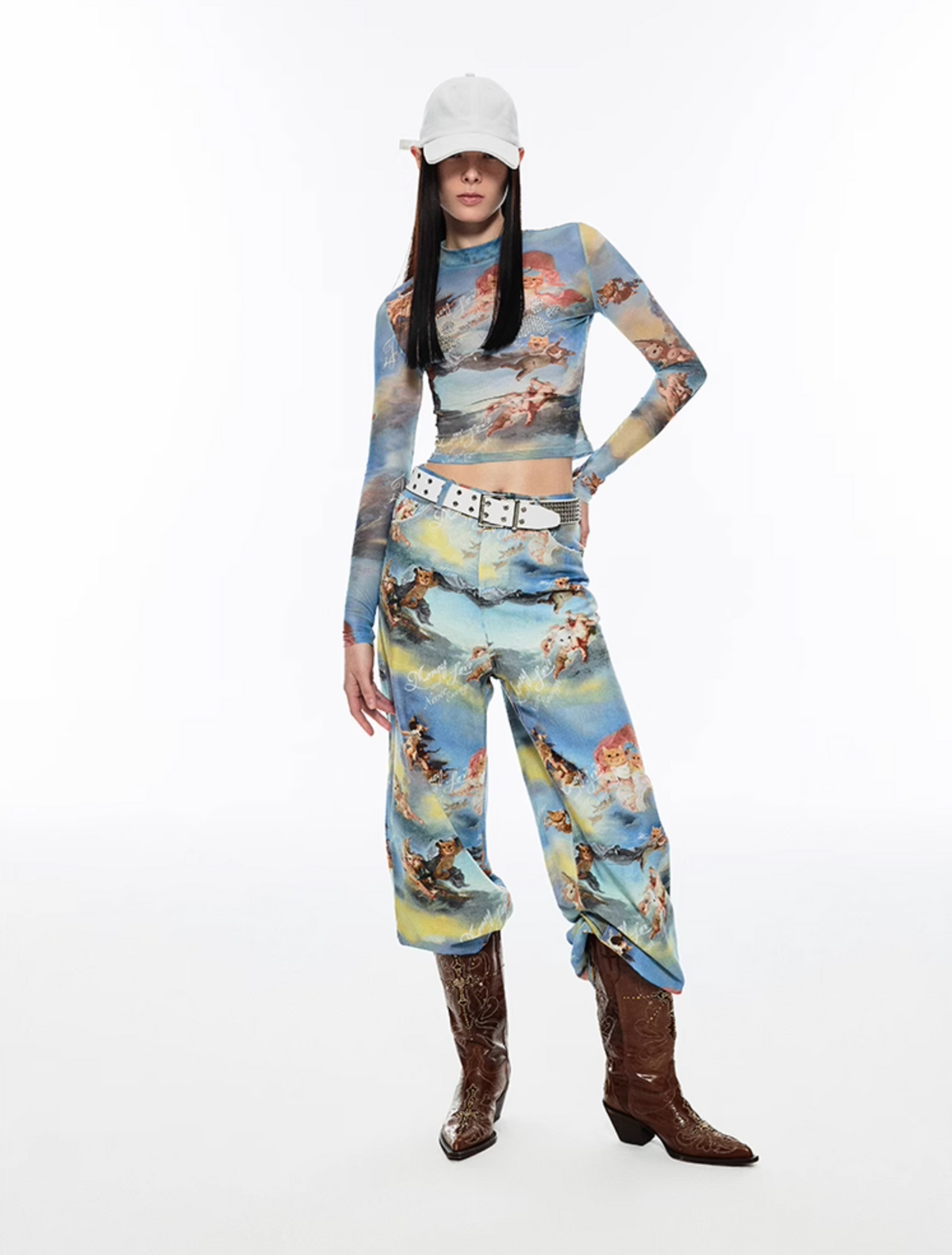 ANGEL KITTEN PRINTED MESH CROP TOP & PANTS