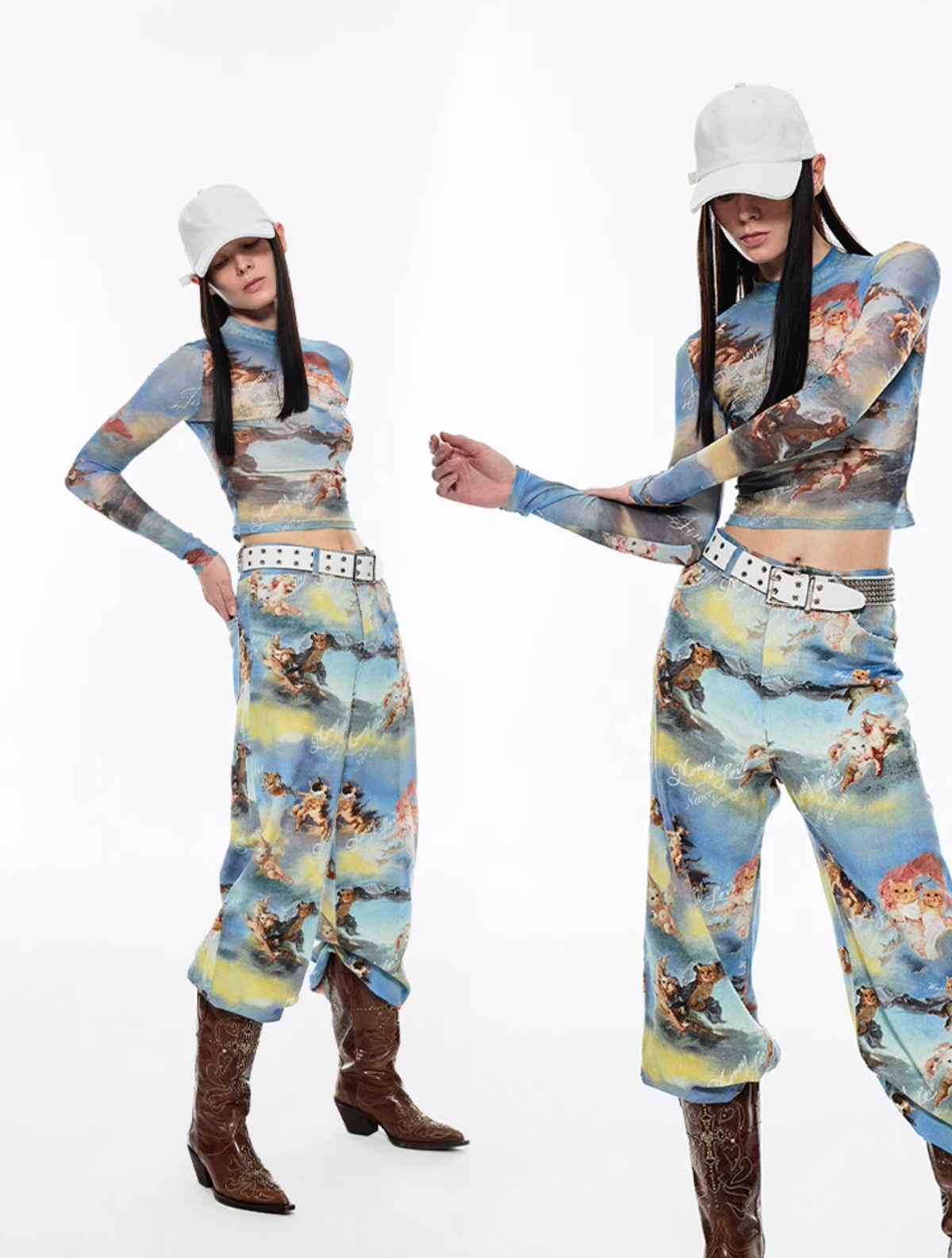 ANGEL KITTEN PRINTED MESH CROP TOP & PANTS
