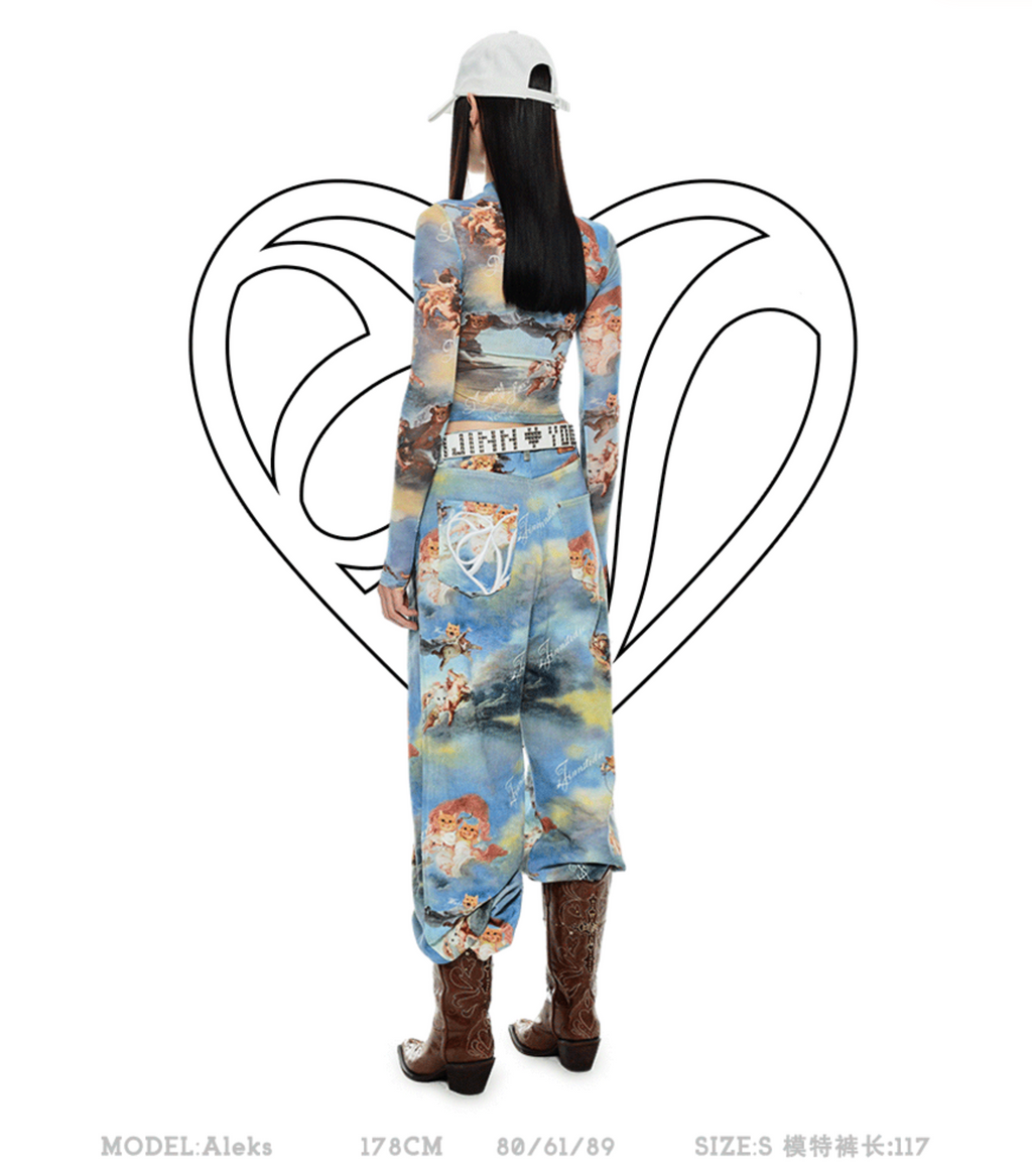 ANGEL KITTEN PRINTED MESH CROP TOP & PANTS