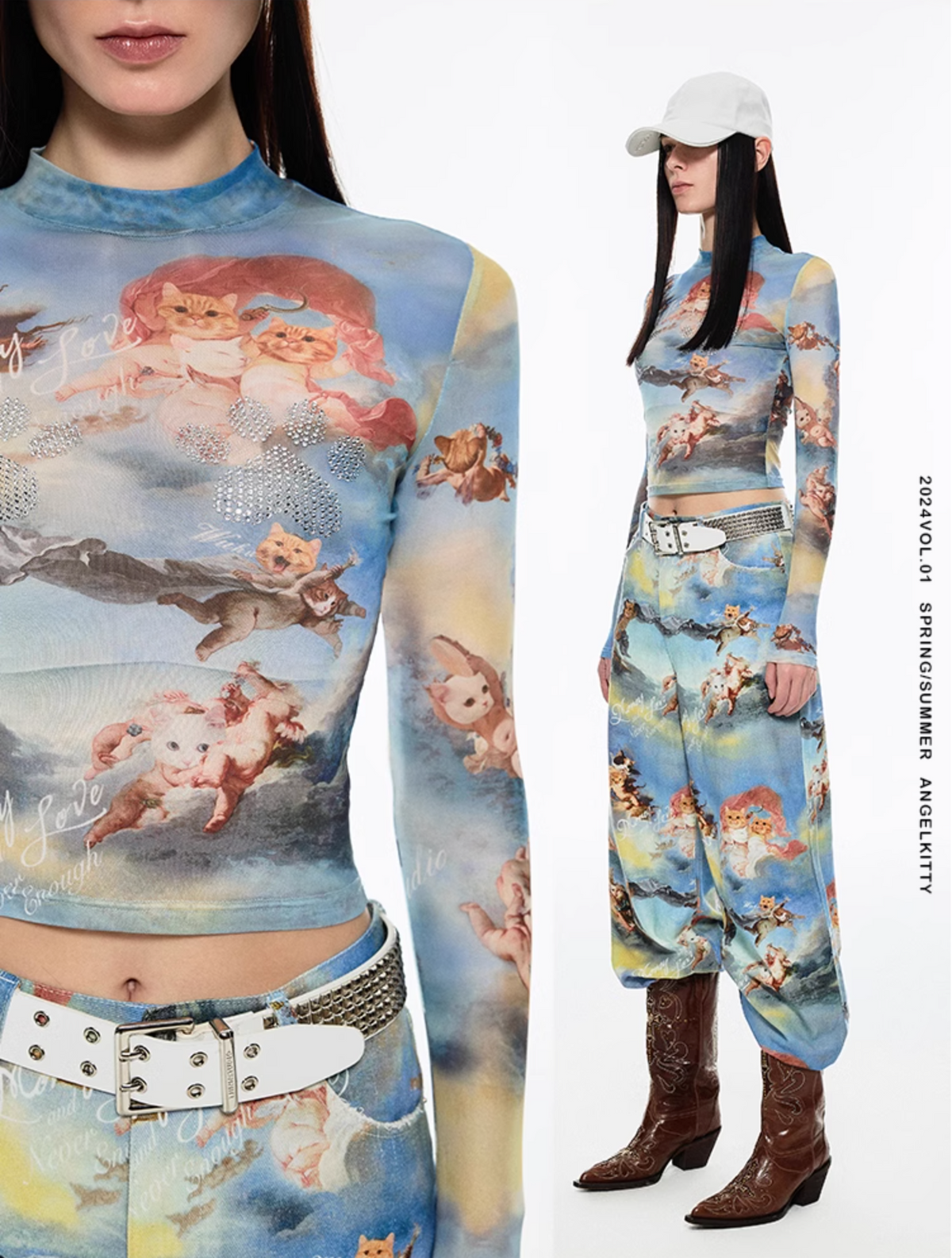 ANGEL KITTEN PRINTED MESH CROP TOP & PANTS