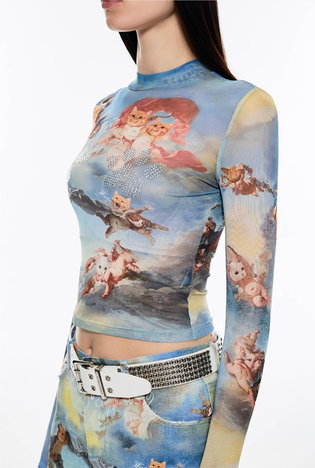 ANGEL KITTEN PRINTED MESH CROP TOP & PANTS