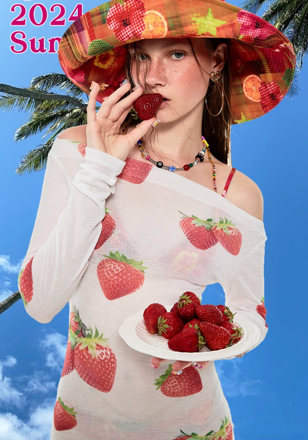 BOATNECK STRAWBERRY PRINT MINI BODYCON DRESS or TOP