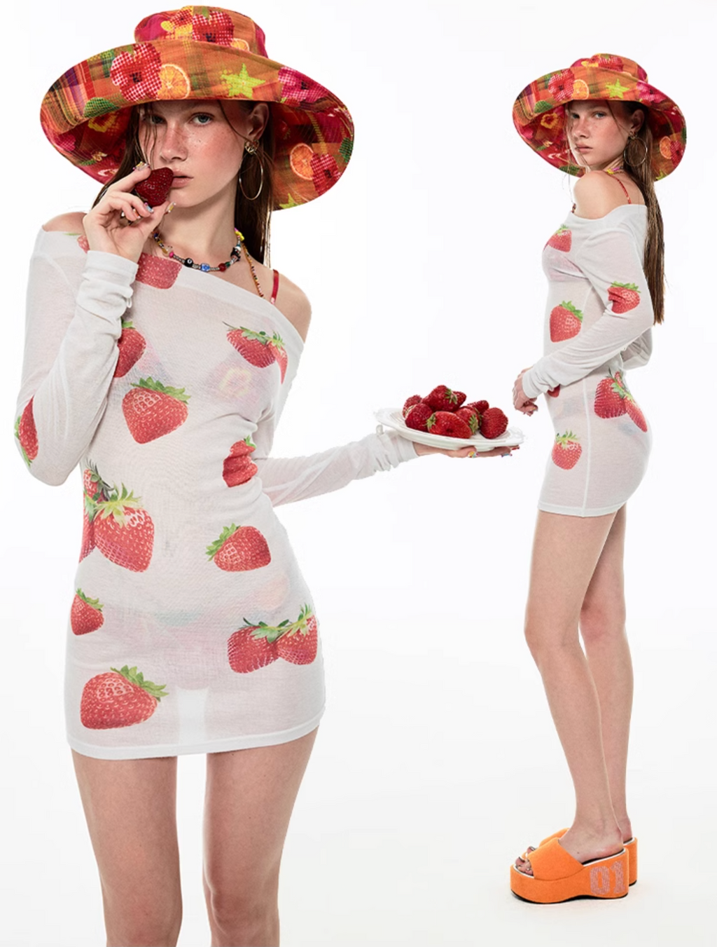 BOATNECK STRAWBERRY PRINT MINI BODYCON DRESS or TOP