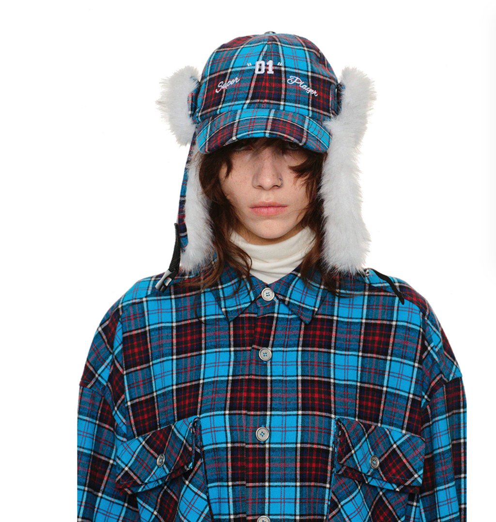 BLUE POM-POM FUR BASEBALL CAP (can be worn 2 ways)