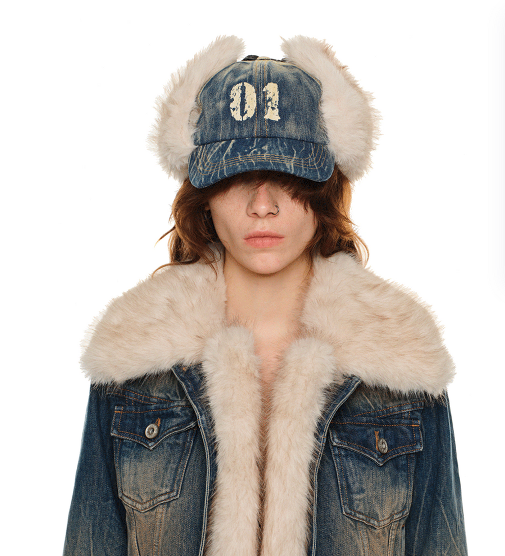DENIM BLUE MARIO FUR BASEBALL CAP (can be worn 2 ways)