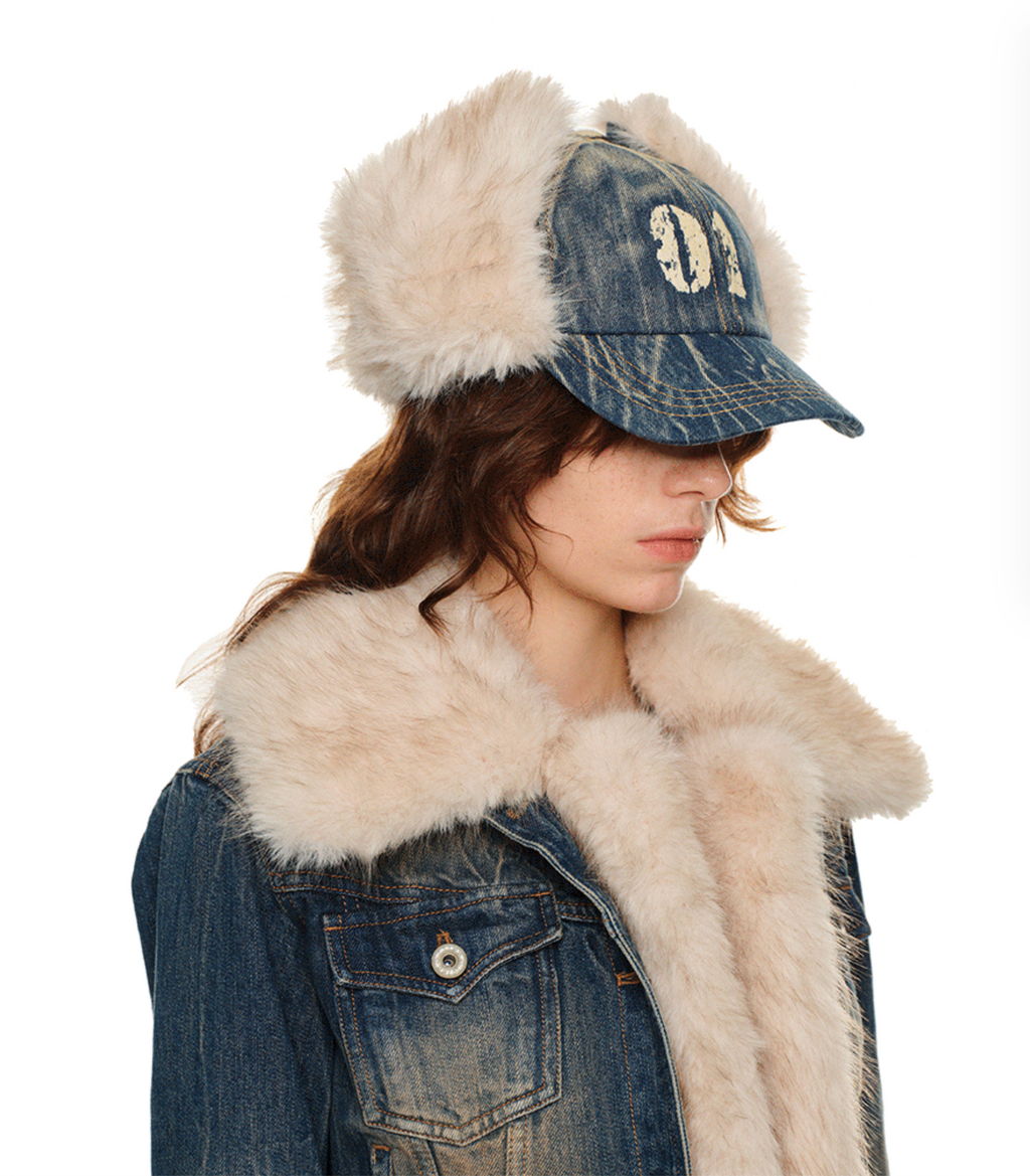 DENIM BLUE MARIO FUR BASEBALL CAP (can be worn 2 ways)