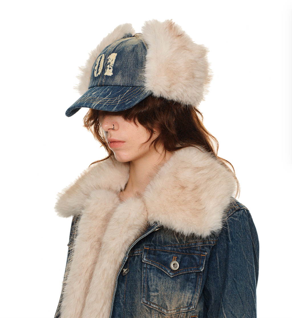 DENIM BLUE MARIO FUR BASEBALL CAP (can be worn 2 ways)