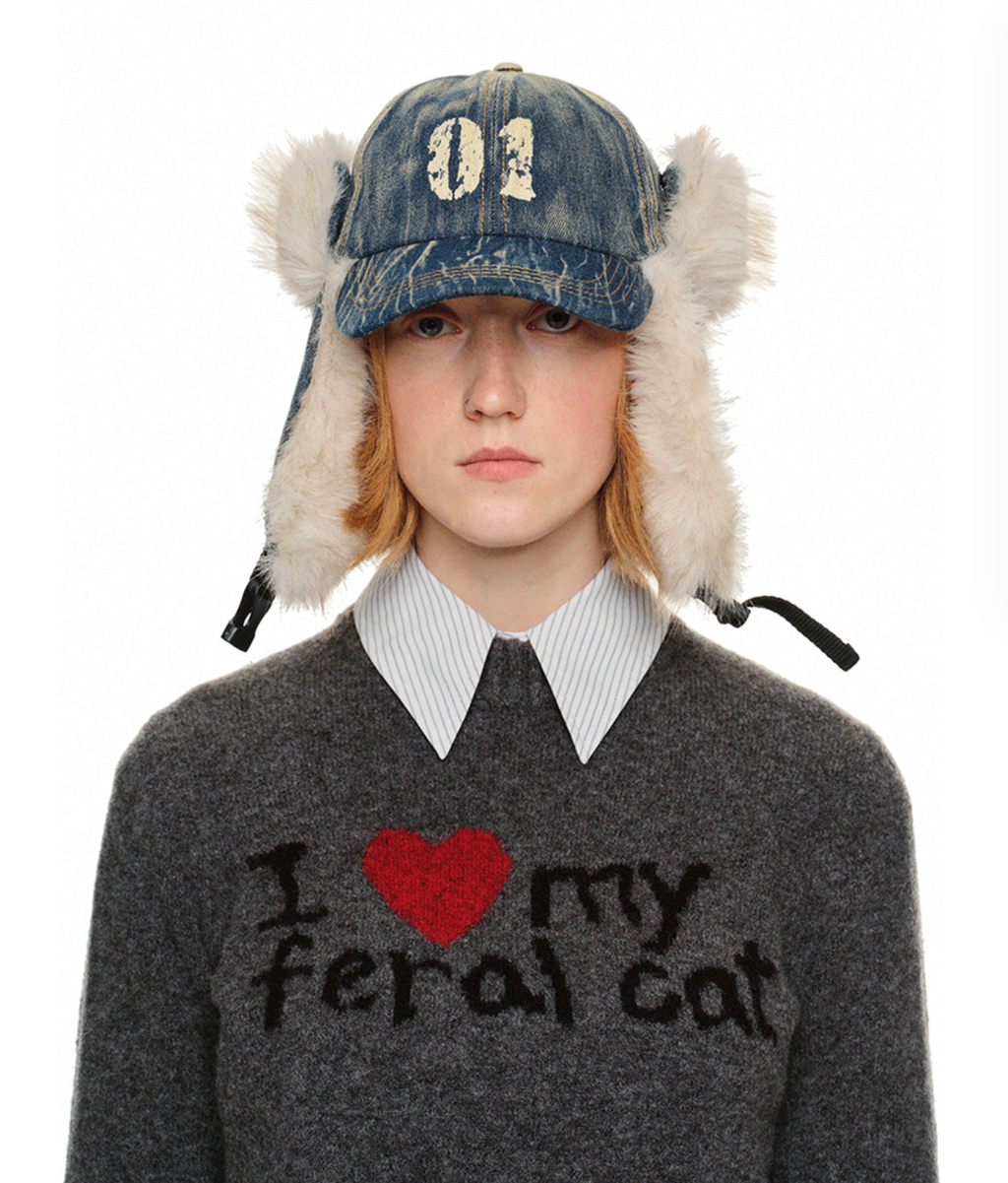 DENIM BLUE MARIO FUR BASEBALL CAP (can be worn 2 ways)