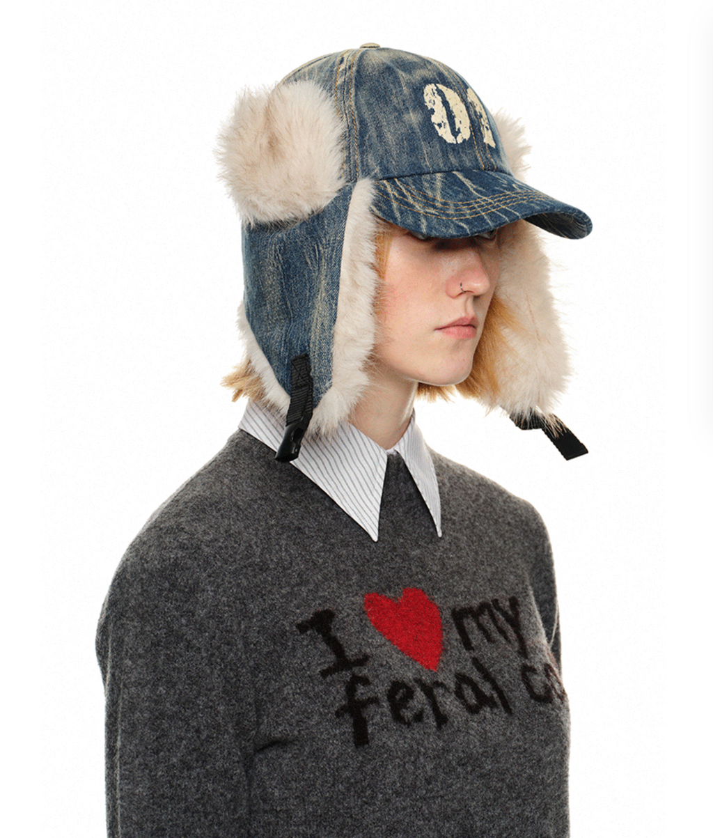 DENIM BLUE MARIO FUR BASEBALL CAP (can be worn 2 ways)