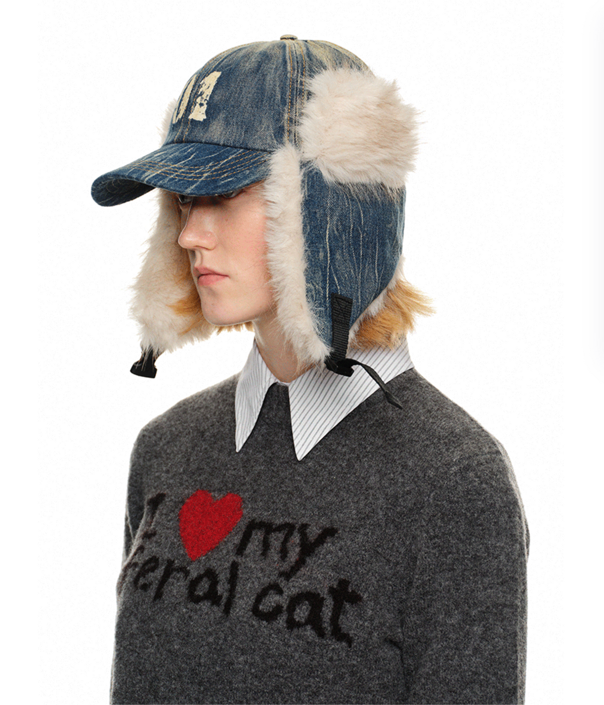 DENIM BLUE MARIO FUR BASEBALL CAP (can be worn 2 ways)