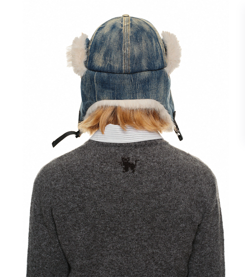 DENIM BLUE MARIO FUR BASEBALL CAP (can be worn 2 ways)