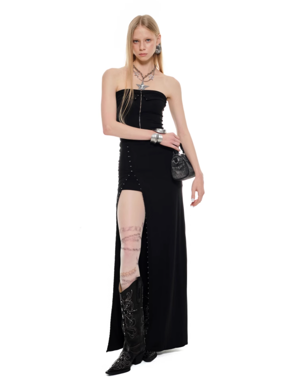 MORTICIA FLOOR STRAPLESS DRESS