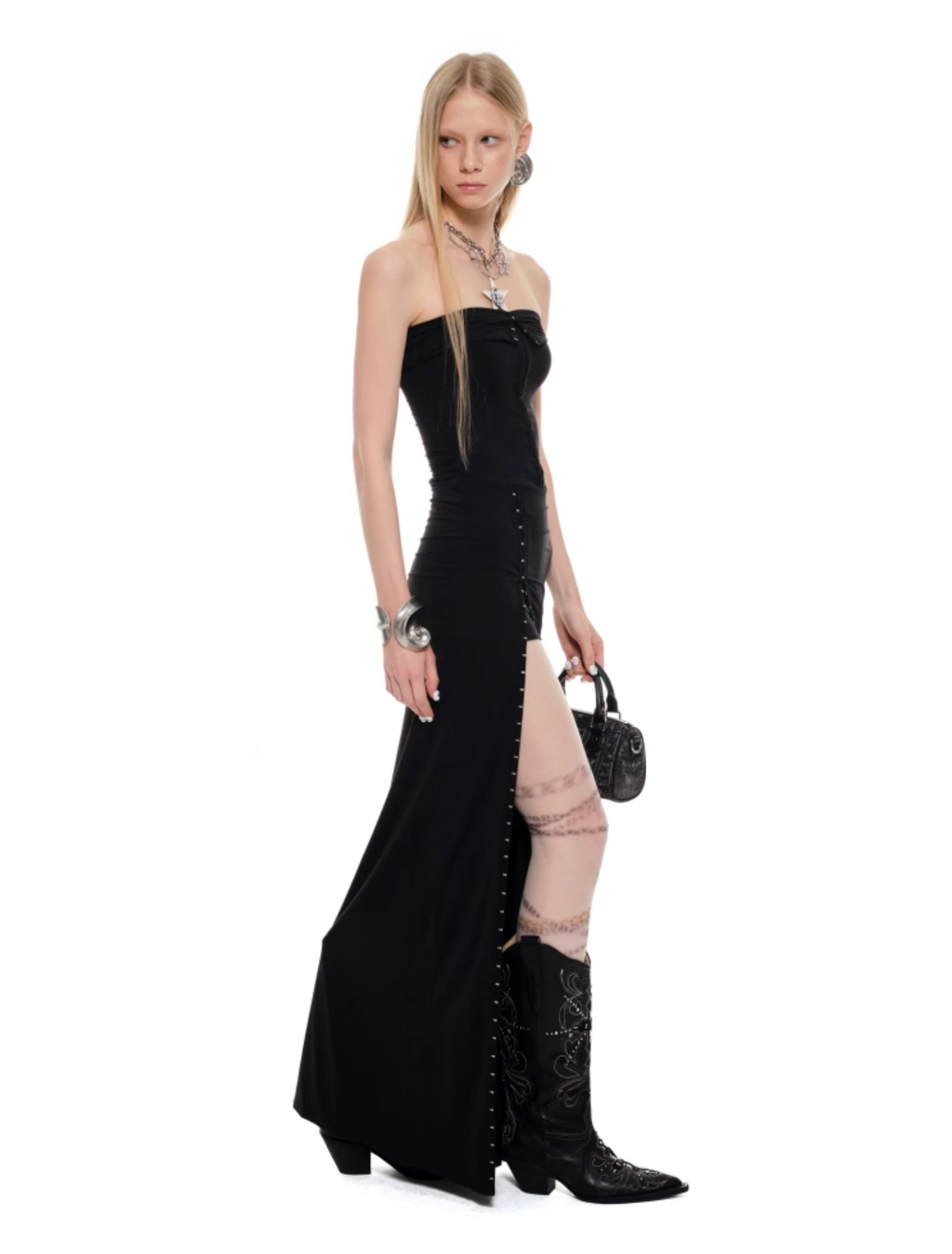 MORTICIA FLOOR STRAPLESS DRESS