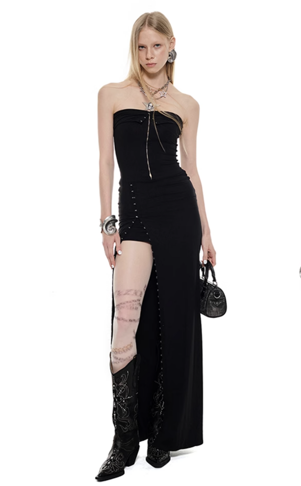MORTICIA FLOOR STRAPLESS DRESS
