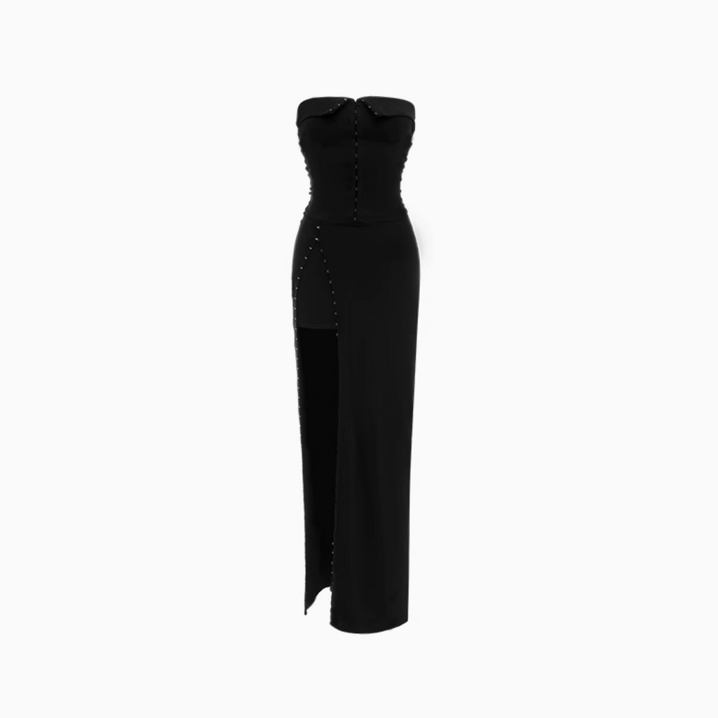 MORTICIA FLOOR STRAPLESS DRESS