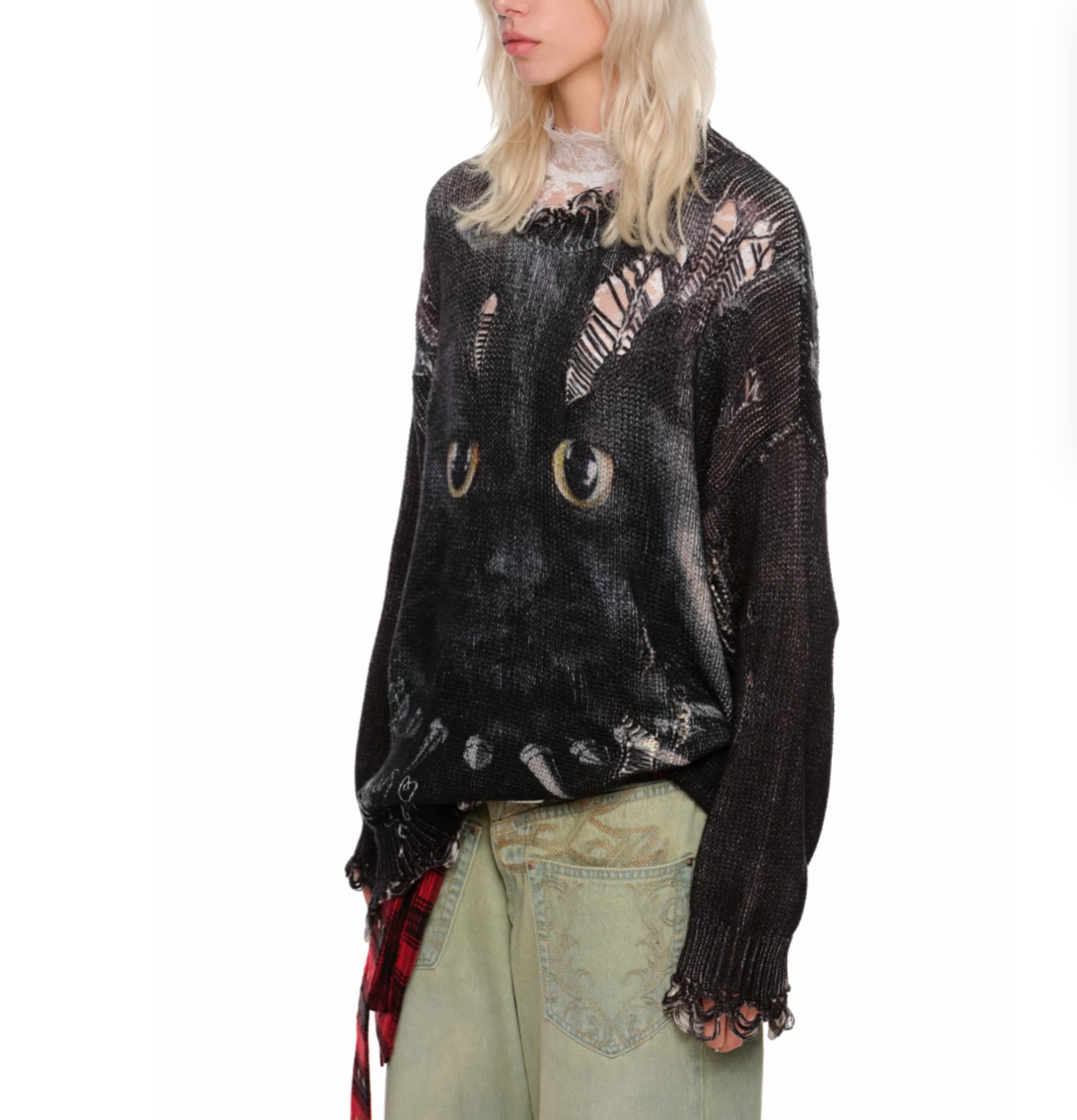 FIERCE CAT FURRY FRIEND OVERSIZED SWEATER – BLACK