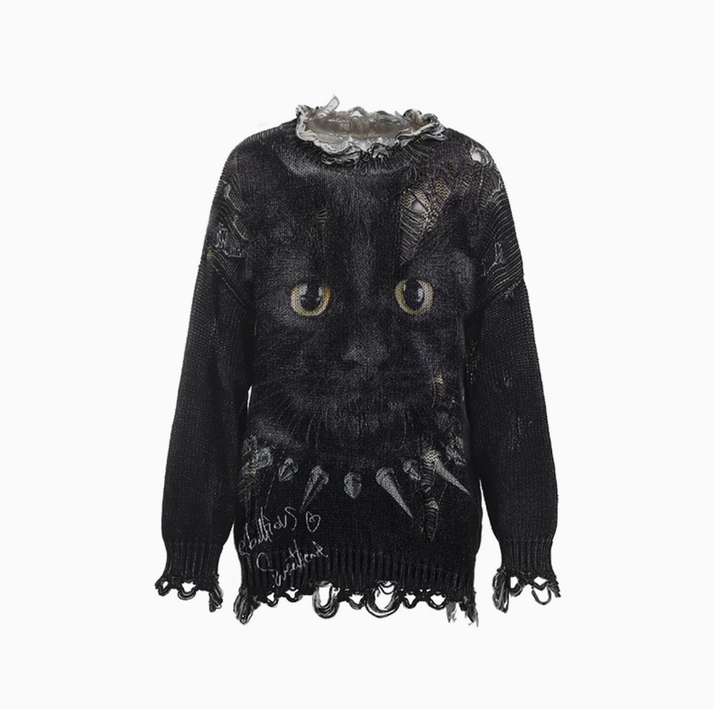 FIERCE CAT FURRY FRIEND OVERSIZED SWEATER – BLACK