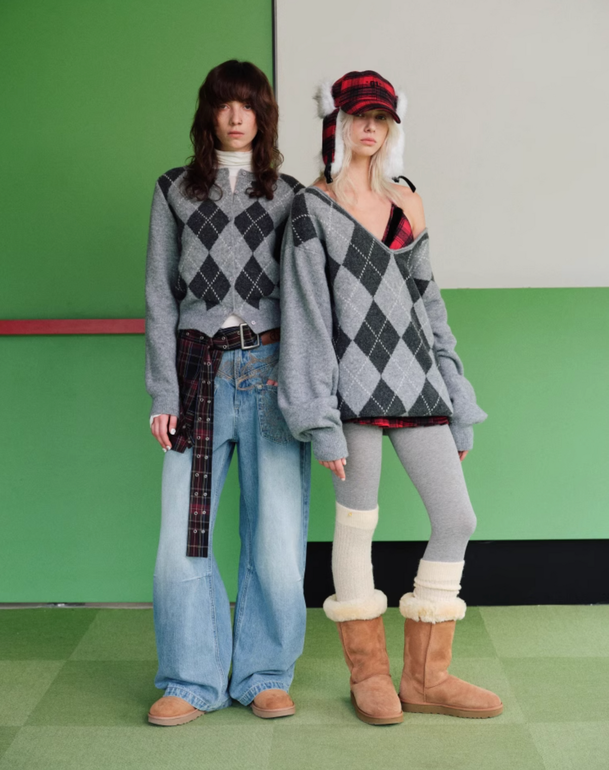 GRAY ARGYLE JACQUARD CARDIGAN – 2colors