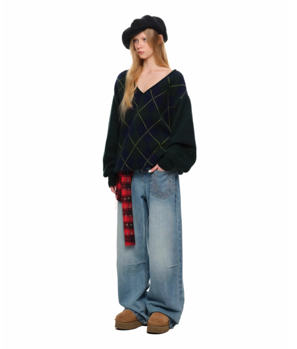 GREEN ARGYLE LOOSE SWEATER – 2colors
