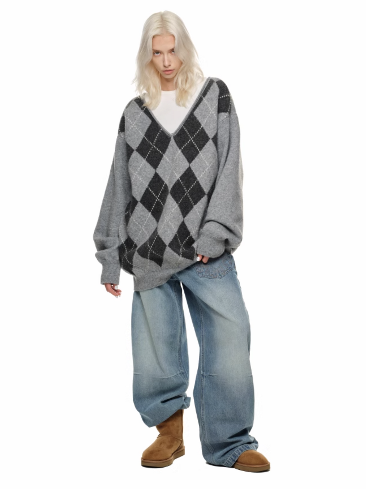 GRAY ARGYLE LOOSE SWEATER – 2colors