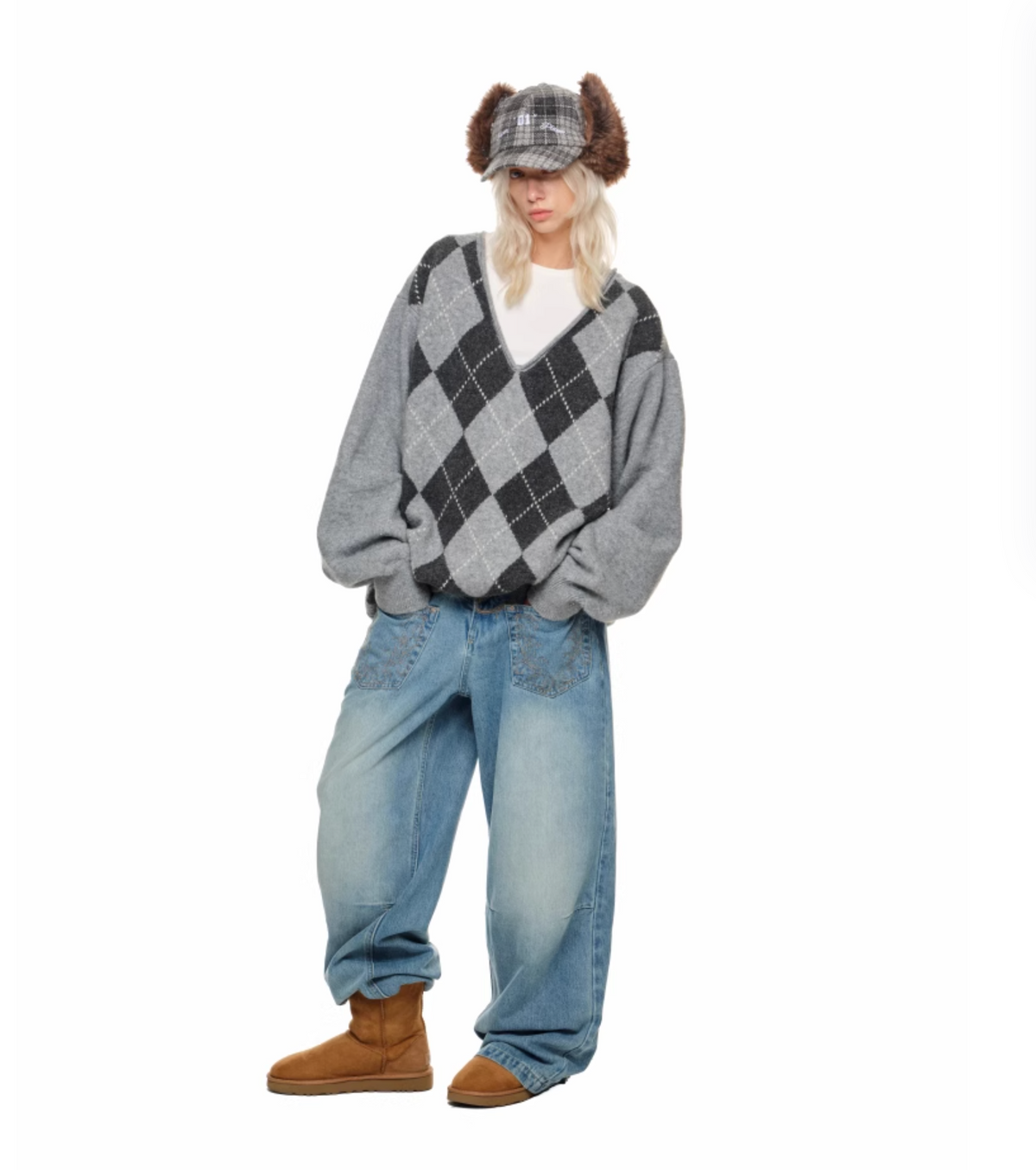 GREEN ARGYLE LOOSE SWEATER – 2colors