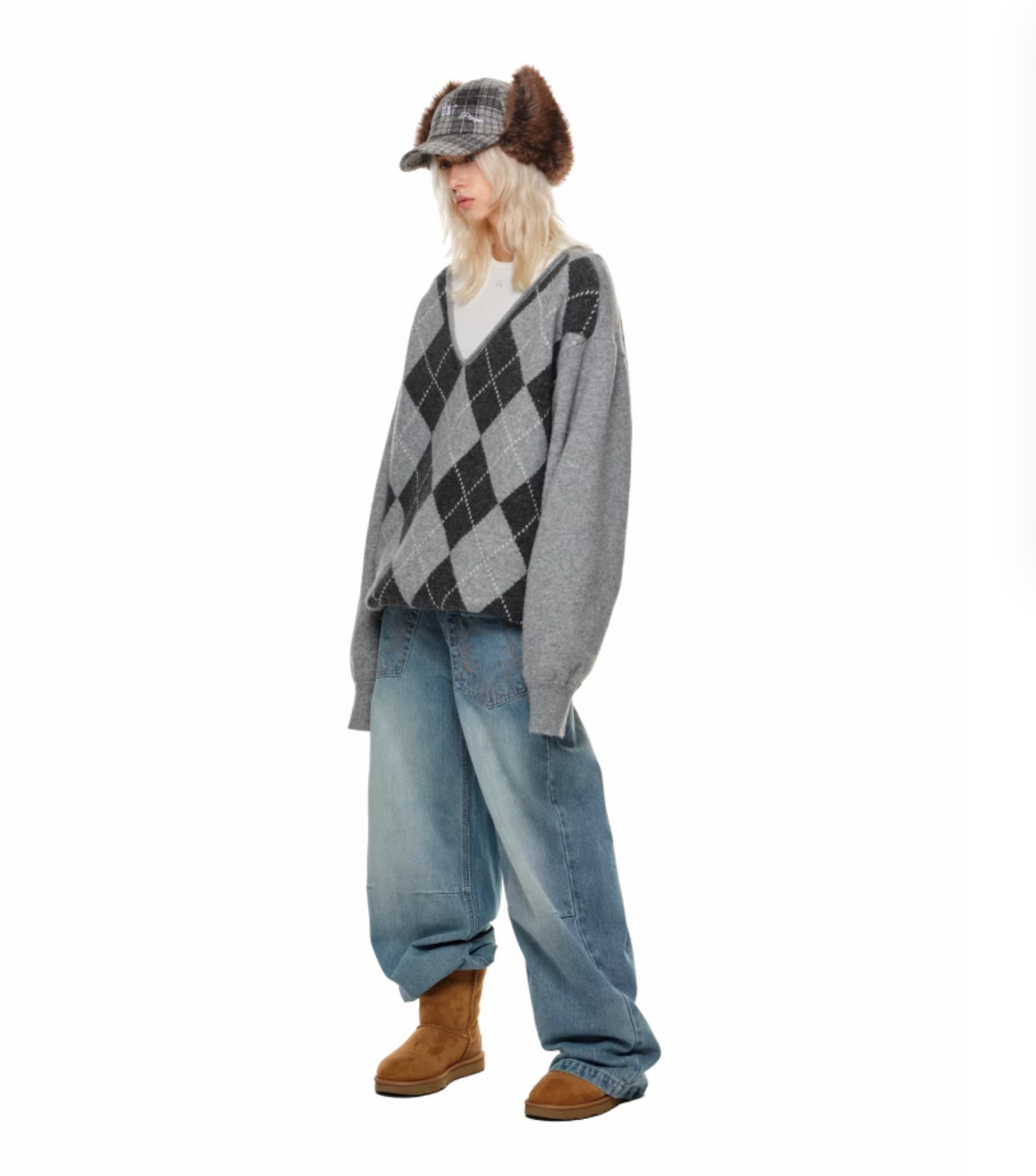 GREEN ARGYLE LOOSE SWEATER – 2colors