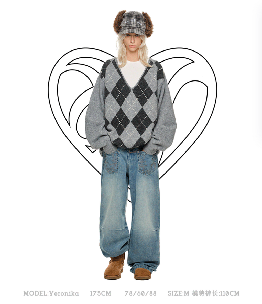 GRAY ARGYLE LOOSE SWEATER – 2colors
