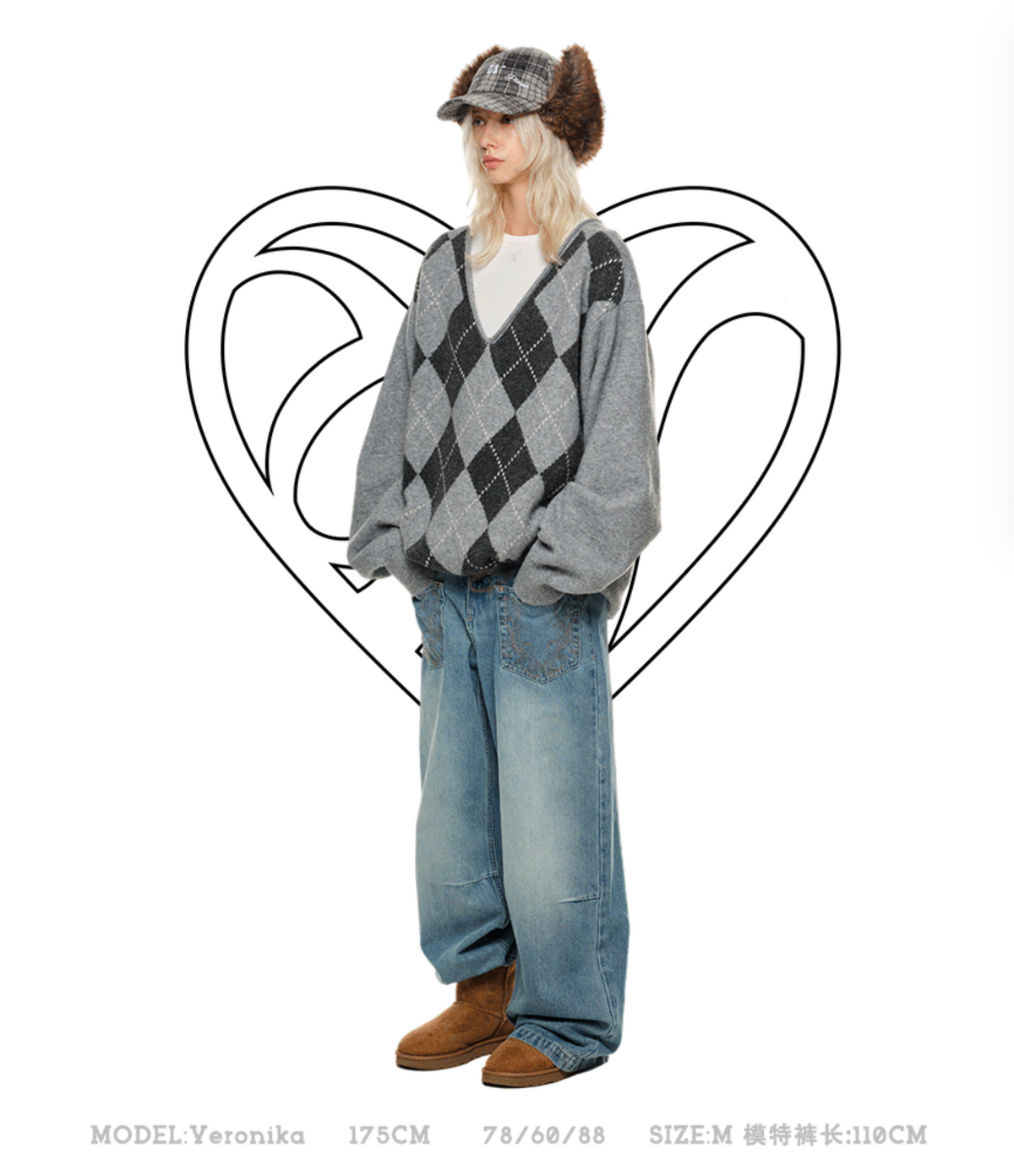 GRAY ARGYLE LOOSE SWEATER – 2colors