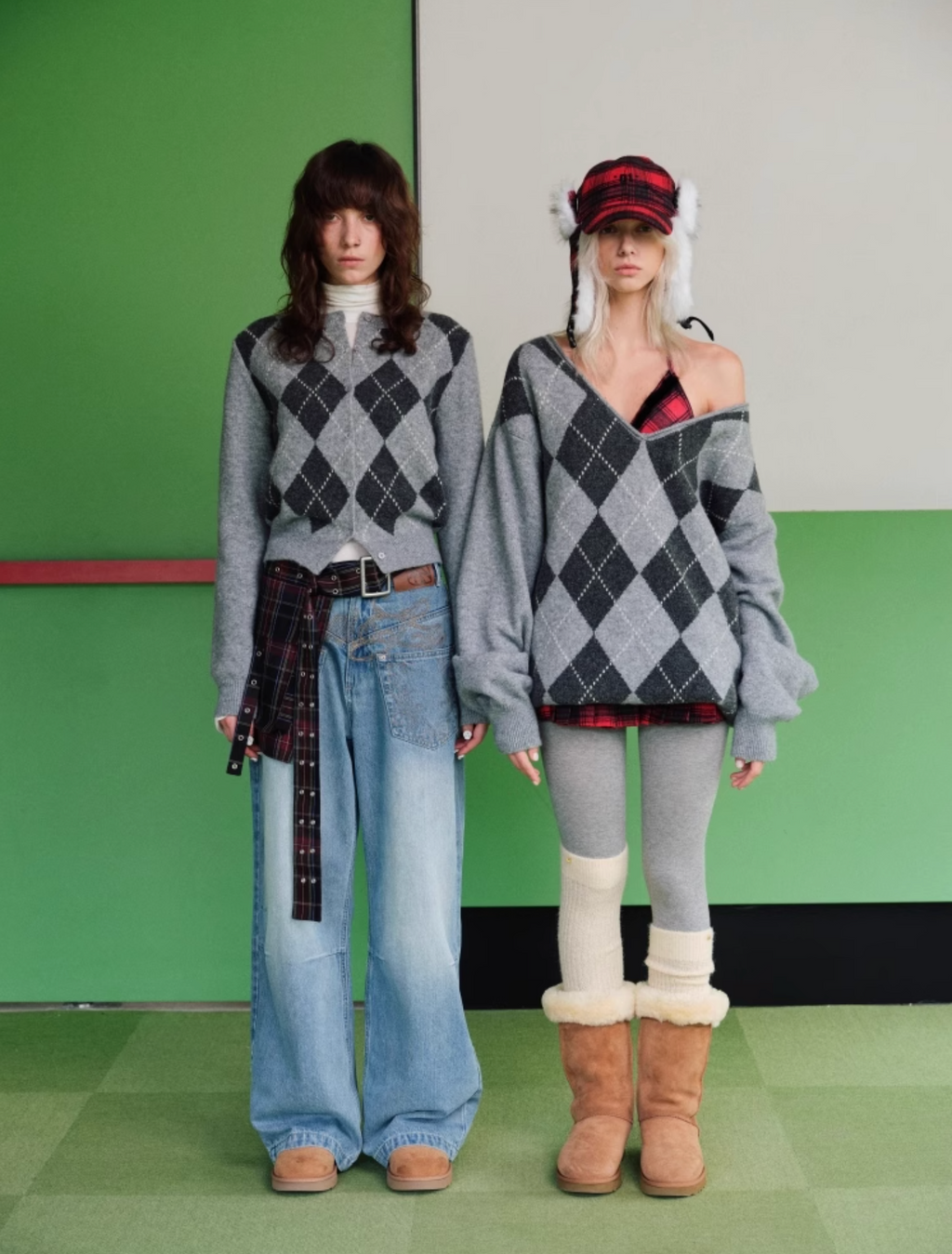 GREEN ARGYLE JACQUARD CARDIGAN – 2colors