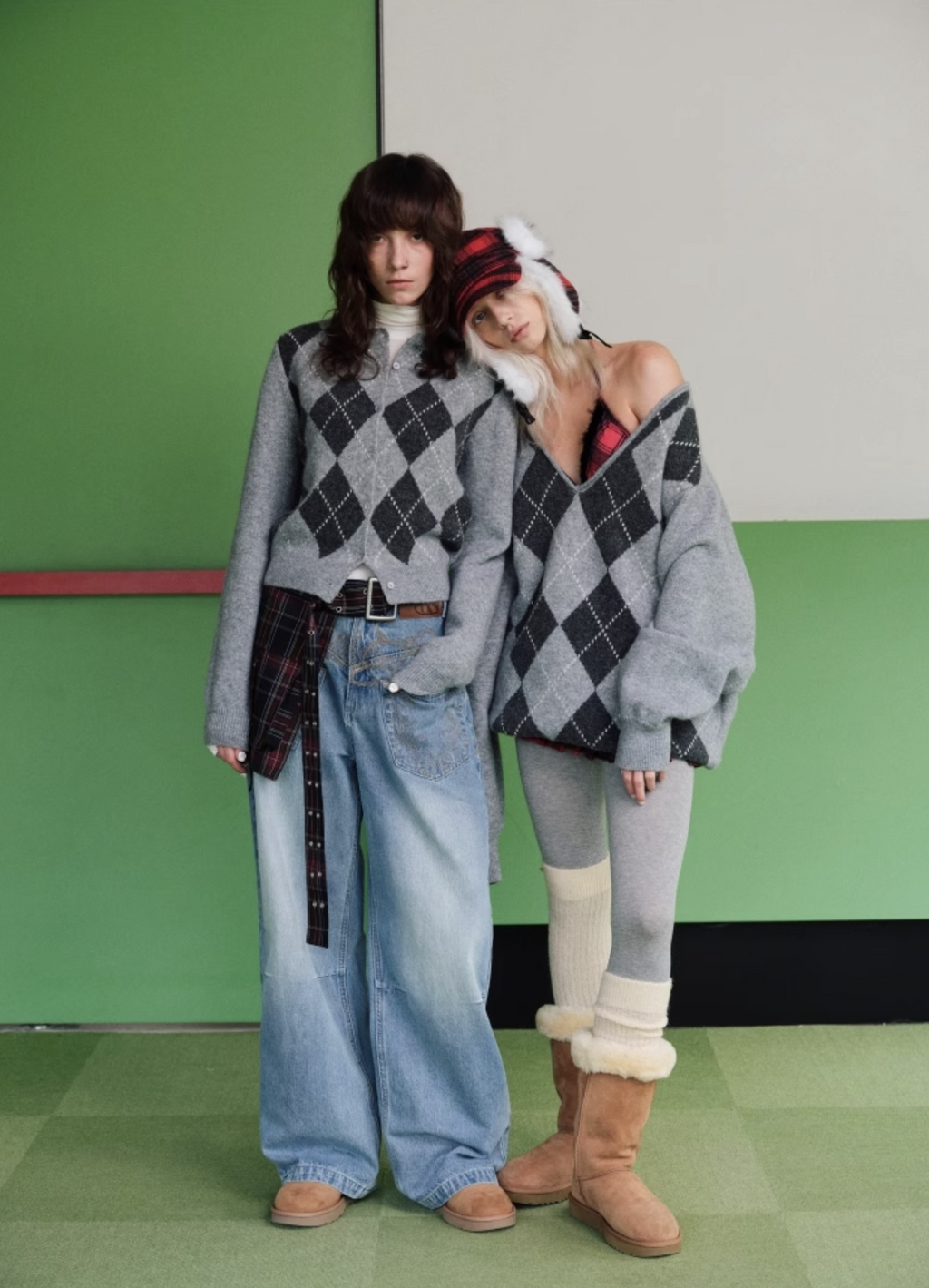 GREEN ARGYLE JACQUARD CARDIGAN – 2colors