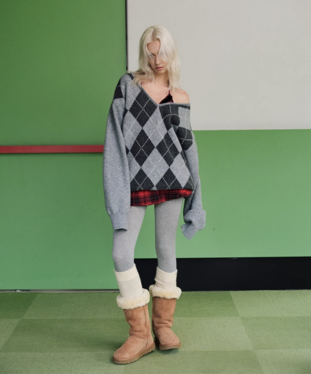 GREEN ARGYLE LOOSE SWEATER – 2colors