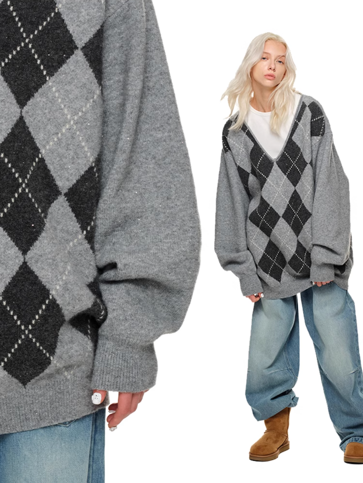 GRAY ARGYLE LOOSE SWEATER – 2colors