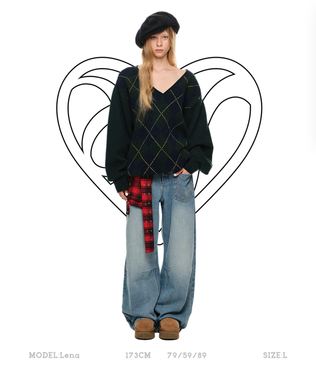 GREEN ARGYLE LOOSE SWEATER – 2colors