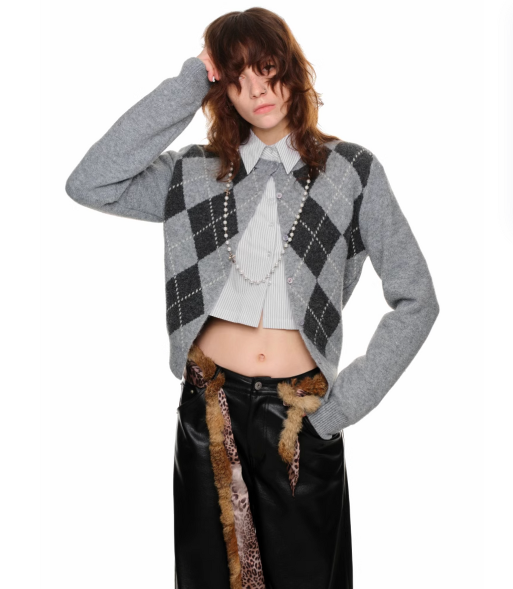 GRAY ARGYLE JACQUARD CARDIGAN – 2colors