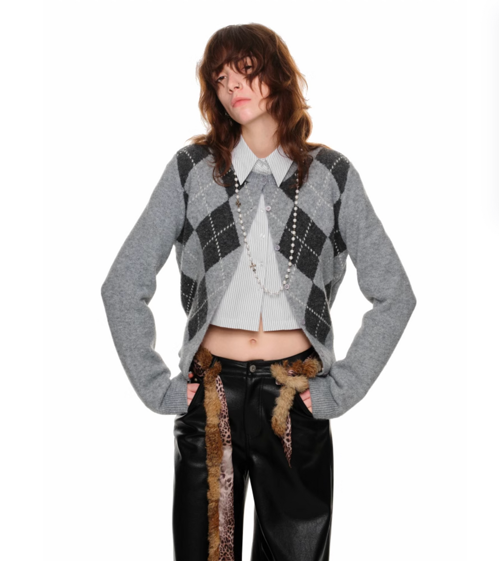 GRAY ARGYLE JACQUARD CARDIGAN – 2colors