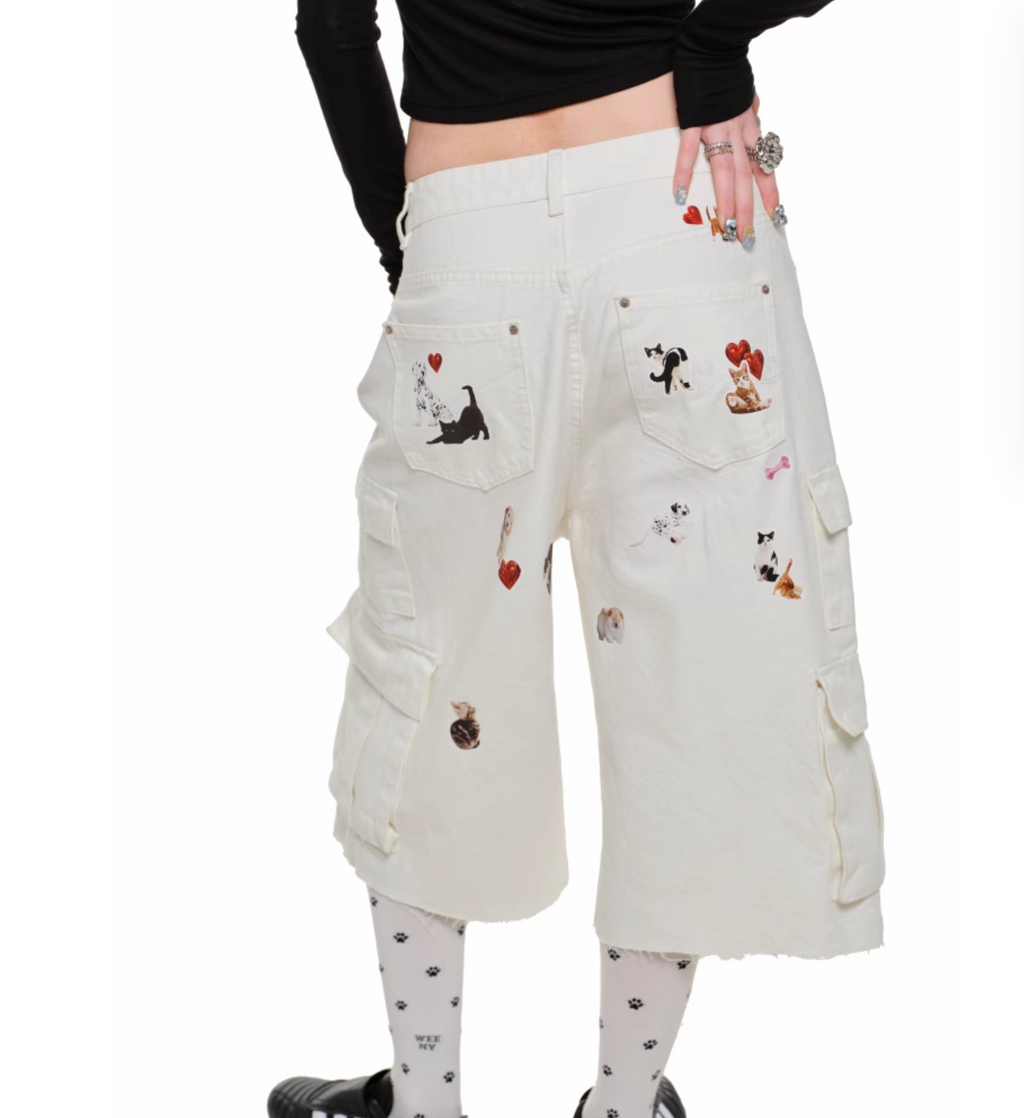 WHITE CAT BLESS YOU BERMUDA LOW DENIM SHORTS