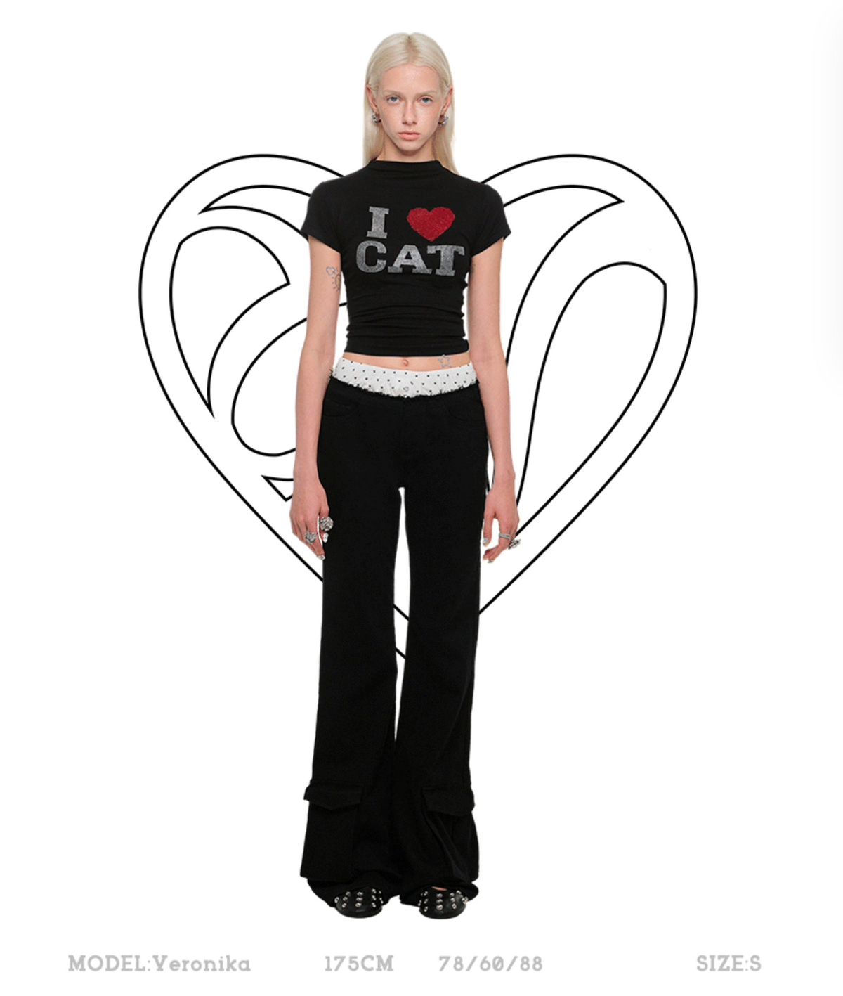 “I ♥ CAT” RHINESTONE FITTED T-SHIRT – 3colors