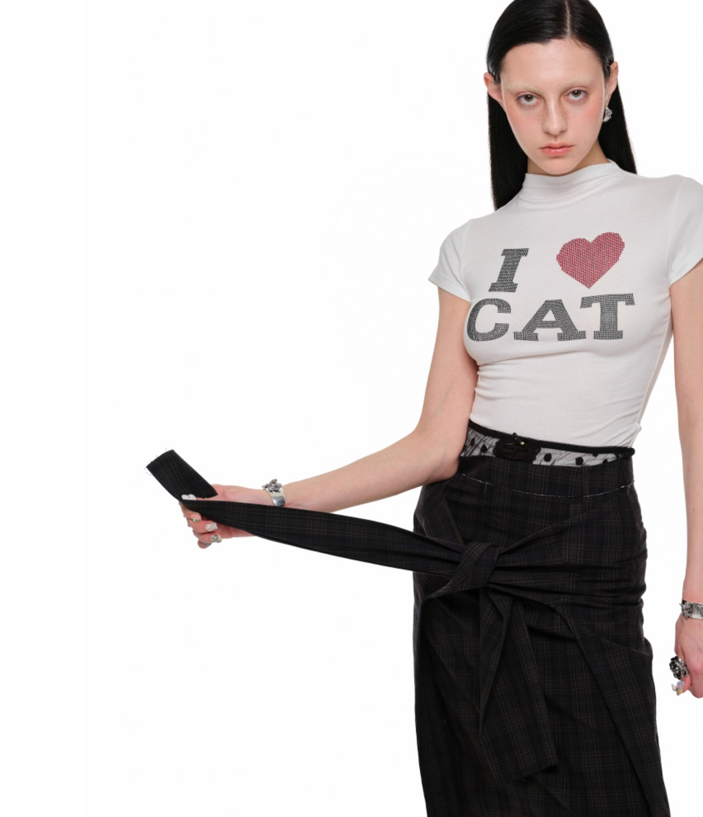 “I ♥ CAT” RHINESTONE FITTED T-SHIRT – 3colors
