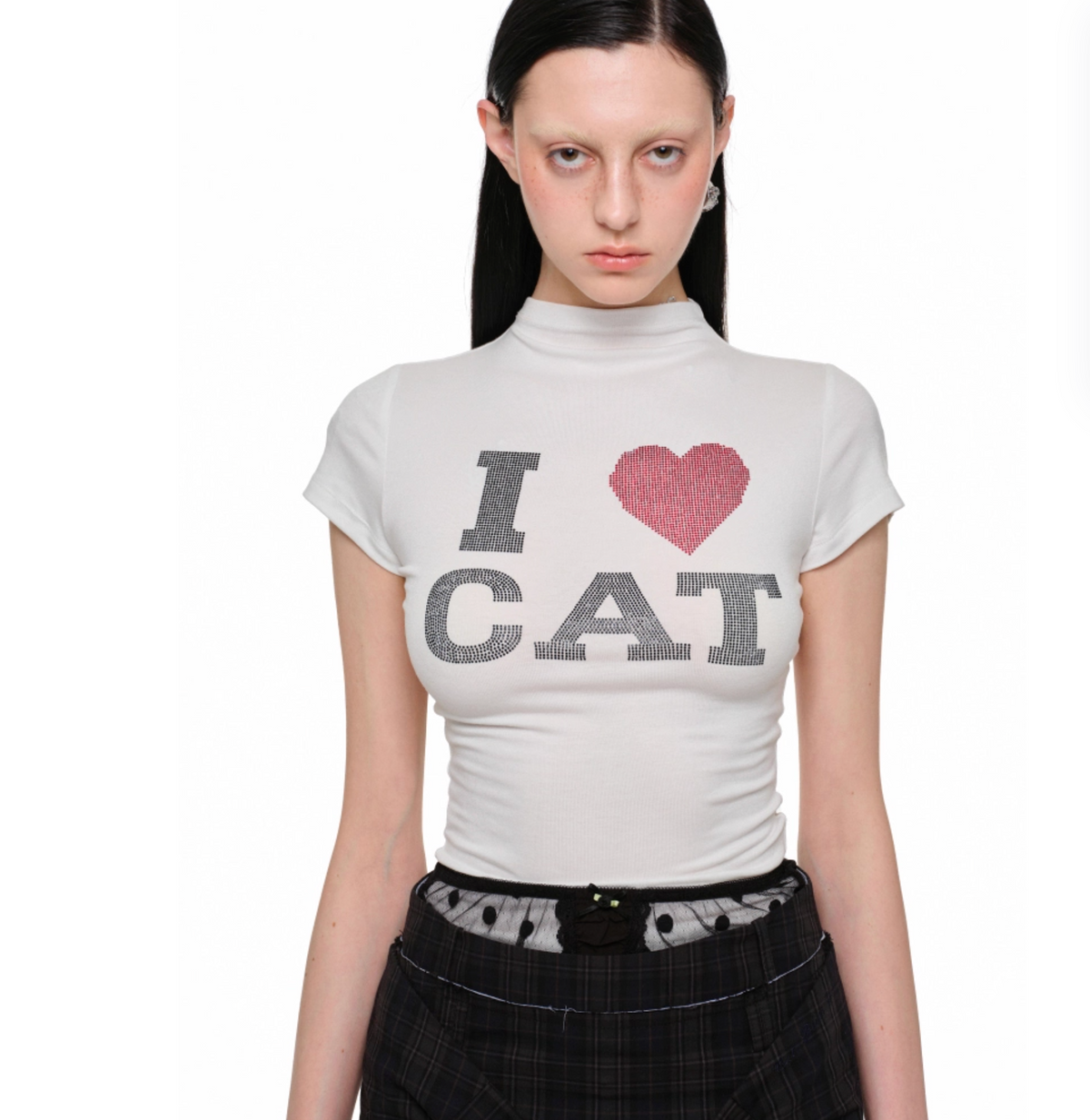 “I ♥ CAT” RHINESTONE FITTED T-SHIRT – 3colors