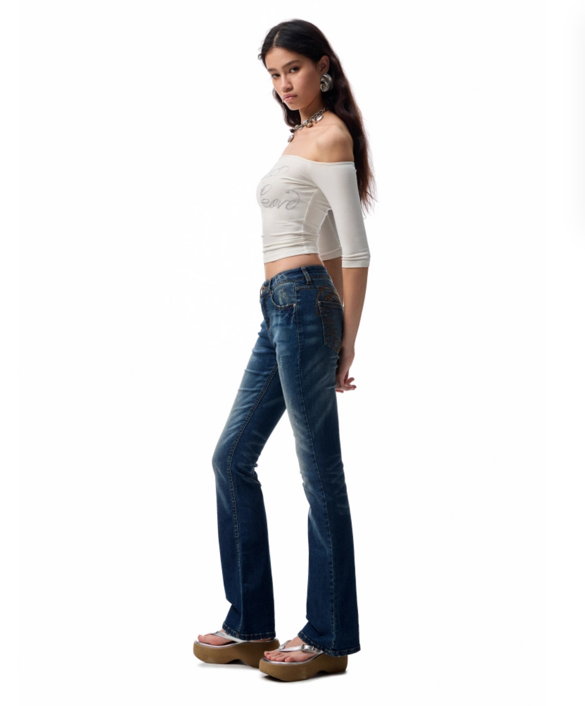 SUICA DARK BLUE DENIM FLARED PANTS