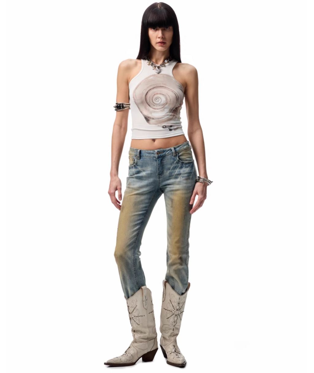 MUD-DYED WASHED DENIM FLARED PANTS