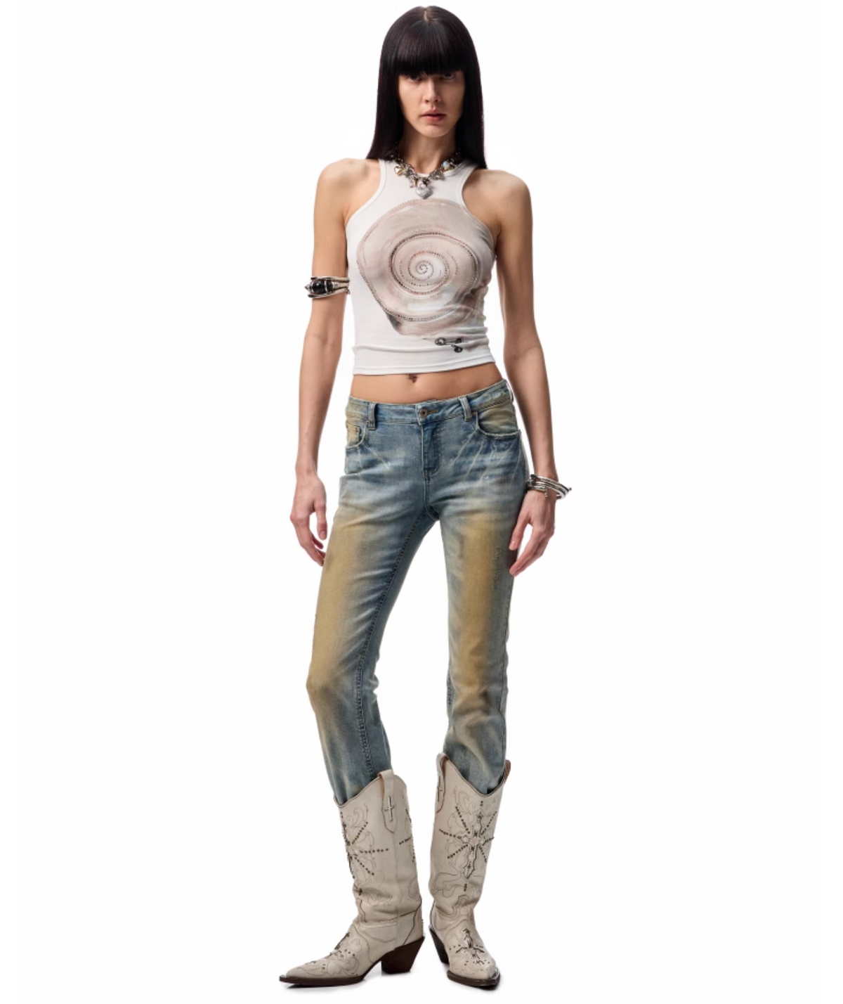 MUD-DYED WASHED DENIM FLARED PANTS