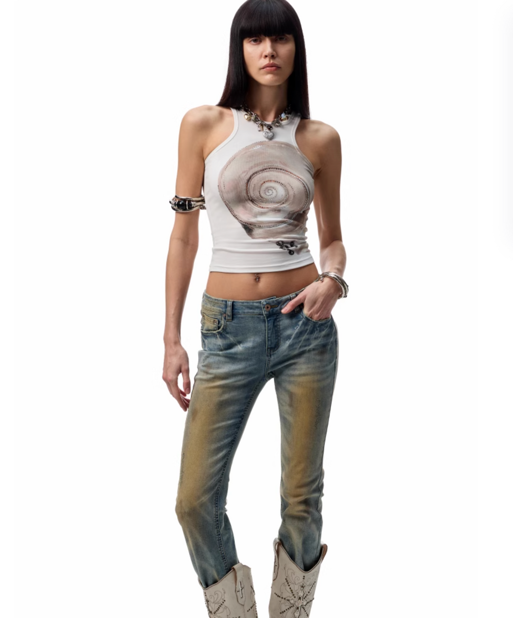 MUD-DYED WASHED DENIM FLARED PANTS