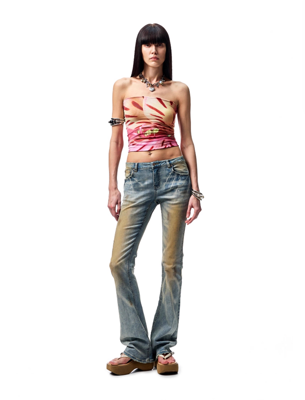 MUD-DYED WASHED DENIM FLARED PANTS