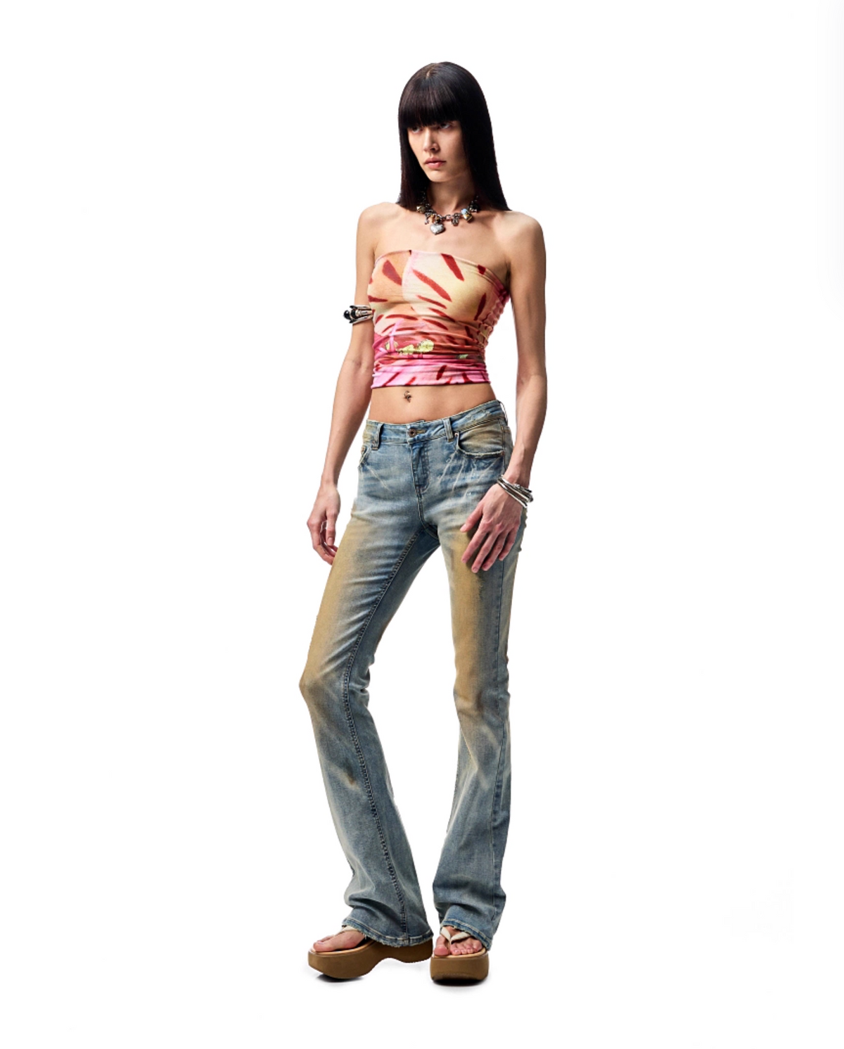 MUD-DYED WASHED DENIM FLARED PANTS